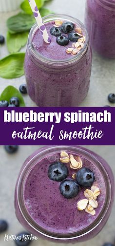 blueberry spinach breakfast smoothie in a mason jar and topped with fresh blueberries