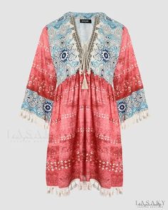 Lasaky - Flare sleeve dress with tassels in all over print Dress With Tassels, Flare Sleeve Dress, Boho Casual, Dress Size Chart, Flared Sleeves, Olivia Mark, Three Quarter, All Over Print, Sleeve Dress