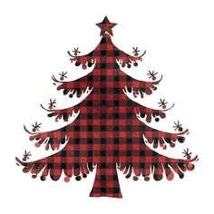 a red and black plaid christmas tree with stars on it's top is shown