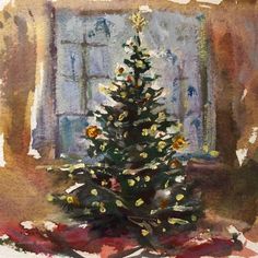 a painting of a christmas tree in front of a window