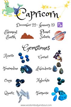 the zodiac sign for capricon is shown in black and white with blue stones