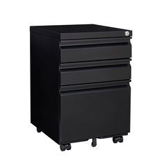 a black filing cabinet on wheels with three drawers and casteors, isolated against a white background