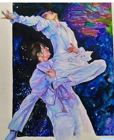 a painting of two people in the air with their arms around each other and one person holding