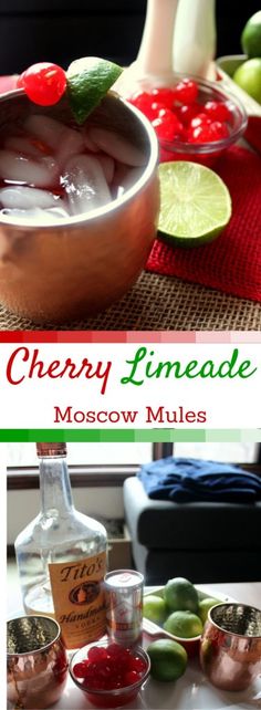 the ingredients for cherry limeade moscow mules are shown in bowls, on a table