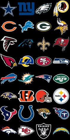 many different nfl logos on a black background