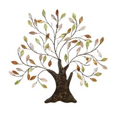 a metal tree with lots of leaves hanging from it's trunk, on a white background