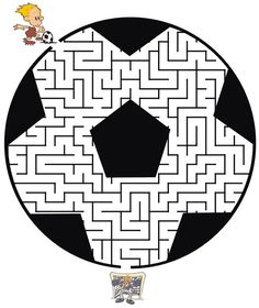 a black and white drawing of a soccer ball with mazes in the shape of it