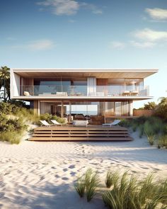 a house on the beach is surrounded by sand