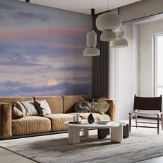 a living room filled with furniture and a large painting on the wall above it's windows