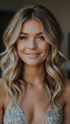 Hair Styles For Medium Length Bridesmaid, Maid Of Honor Down Hairstyles, Bridesmaid Hair Curly All Down, Hair Down Hairstyles Medium Length, Hairstyles For A Wedding Guest Half Up, Medium Length Hair Curls Wedding, Mid Length Hairstyles For Wedding Guest, Mid Length Down Wedding Hair, Blonde Homecoming Hairstyles