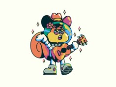 a cartoon character holding a guitar and wearing a hat