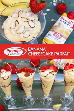 banana cheesecake parfait with strawberries and almonds on the side in glasses