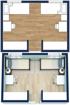 A 2D and 3D floor plan of a small kids bedroom with two single beds, and a desk mirroring each other. Kid Bedroom Layout, Kids Bedroom Layout, Small Shared Bedroom, Bedroom Floor Plan, Small Kids Bedroom, Small Bedroom Layout, Two Twin Beds, Bedroom Layout, Girl Time