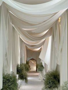 an archway with white drapes and greenery on either side, leading to the entrance