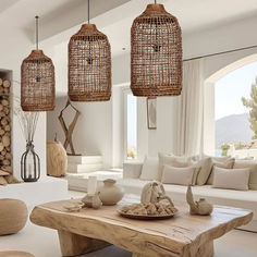 a living room filled with lots of furniture next to a firewood log wall and fireplace