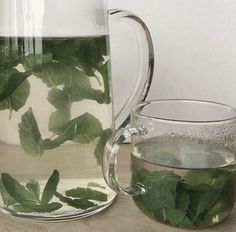 a glass pitcher filled with green leaves next to a cup full of water on a table