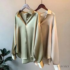 Lasaky - Chic and Luxurious Long-Sleeve Satin Shirt with Retro Design Satin Shirts For Women, Top Transparente, Khaki Blouse, Haut Transparent, Chique Outfit, Satin Bluse, Women Long Sleeve Dress, Vintage Blouse, Satin Shirt