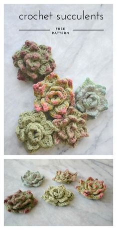 crochet succulents are shown in different colors and sizes on a marble surface