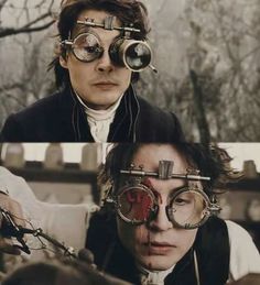 two pictures of the same person with different glasses on their faces and one has his eyes covered by wire