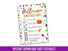 a printable halloween candy dice game for kids