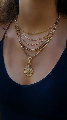 ♦  Statement Layer Coin Necklace Made Of Gold Plated Brass, The Necklace is Design In A Boho-Chic Style Combined With A Rock Style, A Beautiful And Unique      Necklace.     You also can order this necklace in Silver color.     ◾  SIZE  Length: 11.8" (30cm) up to 17.7" (45cm)   (The Size Refers To The Upper Chain)     Width pendant: 1.18" (3cm)     Long Drop Necklace: 4.72" (12cm) ( From The Upper Chain To The Coin) ▪   Gold Layer Necklace, Layer Necklace, Multi Strand Jewelry, Statement Layered Long Drop Necklace, Chunky Gold Necklace, Layered Coin Necklace, Chunky Gold Necklaces, Gold Coin Necklace, Chic Vibes, Layered Necklaces Silver, Layered Necklace Set, Style Rock