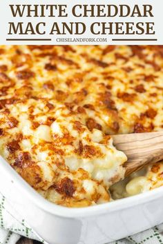 white cheddar mac and cheese in a casserole dish