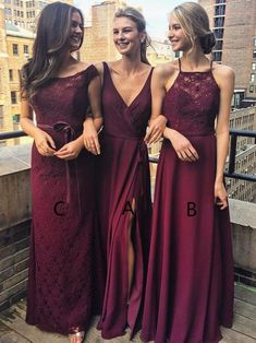 three women in long dresses standing next to each other on a balcony with the caption v - neck floor - length