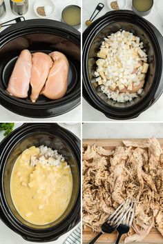 four pictures showing the steps to make chicken and rice in slow cookers