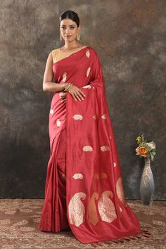 Buy beautiful red silk saree online in USA with silver zari paisley buta. Be vision of elegance on special occasions in exquisite designer sarees, handwoven sarees, georgette sarees, embroidered sarees, Banarasi sarees from Pure Elegance Indian saree store in USA.-full view Red Katan Silk Pre-draped Saree For Designer Wear, Red Tussar Silk Designer Pre-draped Saree, Red Tussar Silk Pre-draped Designer Saree, Red Slub Silk Pre-draped Saree For Wedding, Bollywood Style Red Pre-draped Saree In Katan Silk, Red Katan Silk Pre-draped Saree, Elegant Red Banarasi Silk Pre-draped Saree, Red Silk Pre-draped Saree With Zari Weaving, Elegant Red Katan Silk Pre-draped Saree