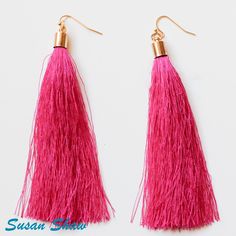 4" drop, pink silk tassel. 24Kt Gold Plated top and hook. Susan Shaw has been designing unique and elegant jewelry for over three decades using the highest quality plating methods, semi-precious stones and cultured pearls. Each piece is handmade by experienced artists in her boutique workshop in San Antonio, TX. Pink Tassel Drop Earrings, Adjustable Pink Tassel Drop Earrings, Pink Beaded Tassel Earrings For Party, Pink Dangle Tassel Earrings, Pink Tassel Earrings As Gift, Pink Adjustable Dangle Tassel Earrings, Pink Tassel Jewelry As A Gift, Elegant Pink Tassel Earrings, Pink Tassel Earrings With Latkans