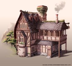 I Kio Kung - Feng Zhu Design Modern House Concept Art, Medieval Fantasy Building Concept Art, Fantasy House Design, Conan Exiles Building Ideas, Fantasy House Concept Art, Magical Buildings