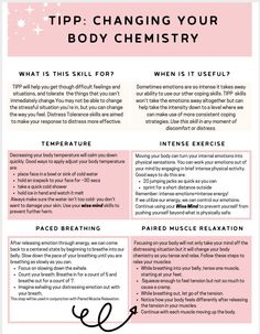 TIPP is a distress tolerance skill under Dialectical Behavioral Therapy. This is an infographic to print out or share with your clients, friends, or children, to help them better understand the technique of tolerating moments of distress. Act Therapy Skills, Therapy Techniques, Therapy Resources, Cbt Therapy Techniques, Fast Skills Dbt, Therapy Infographic, Distress Intolerance Dbt, Dbt Skills Distress Tolerance