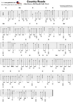 Country Roads: guitar tab with melody and chords Country Guitar Licks, Guitar Tablature, Learn Guitar Songs, Guitar Classes, Music Theory Guitar, Guitar Lessons Songs, Easy Guitar Songs