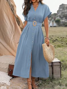 Women's V-Neck Shoulder Strap Belted Party Dress Dusty Blue Casual  Short Sleeve Woven Fabric Plain Shirt Non-Stretch  Women Clothing, size features are:Bust: ,Length: ,Sleeve Length: Women Attire, Outfit Vestido, Blue Long Dress, 파티 드레스, Long Blue Dress, Costume Inspo, Outfit Primavera, Plain Shirt, Dress Dusty