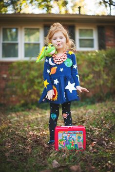 Olive's Mrs. Frizzle Costume that mommy made! Add Liz the lizard, space tights, and a vintage lunchbox and our Magic School Bus attire is complete!! Space Costumes, Mechanical Power