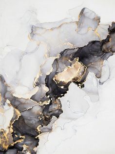 an abstract painting with black, gold and white colors