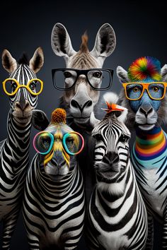 three zebras wearing glasses and hats with their faces painted to look like they are standing next to each other