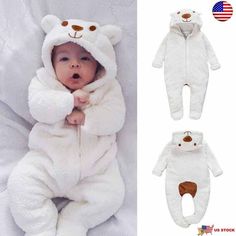 Newborn Baby Romper Jumpsuit Boy Girl Kids Bear Hooded Bodysuit Clothes Outfits Cute White Hooded Onesie, Cute White Onesie For Winter, Cute White Winter Onesie, Cute Fitted Winter Bodysuit, Cute White Bodysuit For Winter, White Long Sleeve Winter Jumpsuits And Rompers, White Long Sleeve Jumpsuits For Winter, White Long Sleeve Bodysuit For Winter, White Fitted Winter Onesie