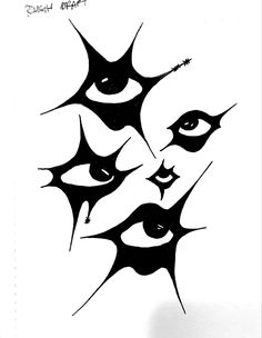 black and white drawing of three faces with spikes on their foreheads, one has an eye