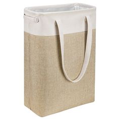 a large jute bag with white handles