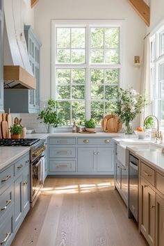 a kitchen filled with lots of counter top space next to a window covered in potted plants