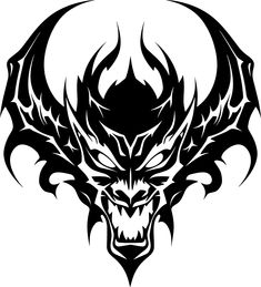 a black and white image of a dragon head