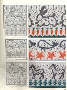 four cross stitch patterns, each with different animals and trees on them are shown in the same