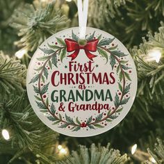 Celebrate the joy of becoming grandparents with this "First Christmas as Grandma & Grandpa" ornament, a beautiful keepsake that marks this special milestone. Featuring festive holiday greenery, a vibrant red bow, and elegant lettering, this ornament is a perfect addition to any Christmas tree. This charming decoration not only captures the warmth of the season but also serves as a treasured reminder of a family’s newest generation. Ideal as a thoughtful gift for new grandparents or as a sentimen Becoming Grandparents, Grandpa Ornament, Grandparents Ornament, Elegant Lettering, Holiday Greenery, New Grandparents, Christmas Ornament Ideas, Crafts To Try, Ornament Ideas