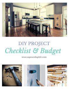 the words diy project checklist and budget are shown above pictures of kitchen appliances