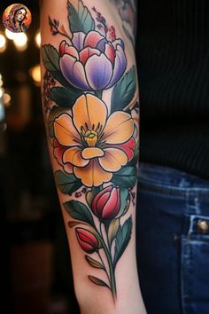 a woman's arm with flowers and leaves tattooed on the side of her arm