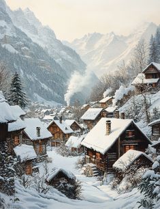 a painting of snow covered mountains and houses in the foreground, with trees on either side