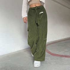 Vintage Corduroy Pants Aesthetic Women Low Waist Belted Straight Legs Trousers with Pockets Harajuku Sweatpants Y2k Style Khaki Bottoms For Spring, Spring Y2k Khaki Bottoms, Khaki High Waist Y2k Bottoms, Y2k High Waist Khaki Bottoms, Khaki Y2k High-waisted Bottoms, Green Baggy Y2k Style Bottoms, Baggy Green Y2k Bottoms, Green Wide Leg Y2k Bottoms, Green Baggy Y2k Bottoms