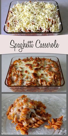 three different types of spaghetti casserole in pans with the words spaghetti casserole above them