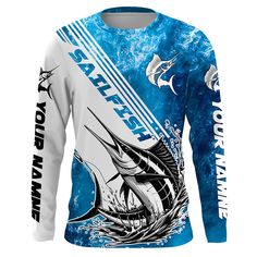 a long sleeved shirt with an image of a sailfish on the front and back